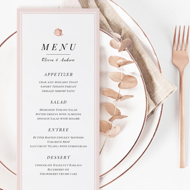 Elegante menú Rosa floral minimalista boda (Elegant Rose gold floral minimalist wedding menu)