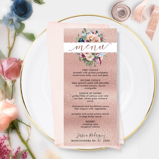 Elegante menú Rosa Gold Pastel Floral Quinceañera (Subido por el creador)