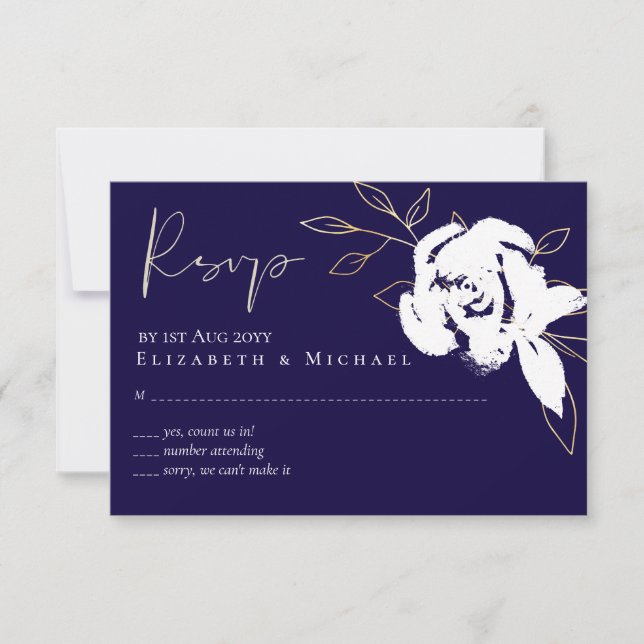 Elegante menú RSVP de Boda blanca de la Marina Azu (Anverso)