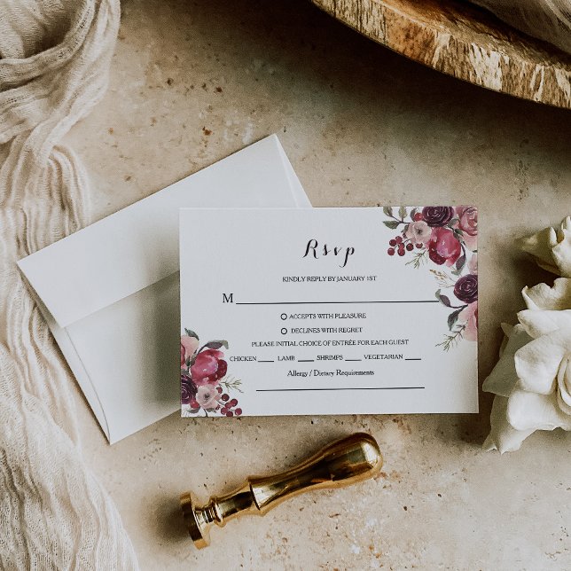 Elegante menú Rsvp de verano con flores de Borgoña (Subido por el creador)