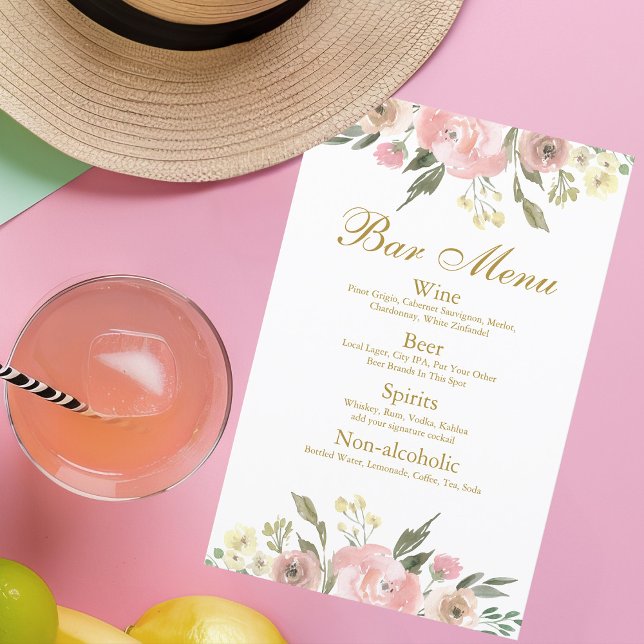 Elegante menú Rubor Pink Gold Floral Boda Bar (Subido por el creador)