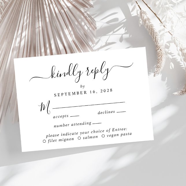 Elegante Menú Script Elección Boda RSVP (A chic wedding RSVP card with your customized menu options)