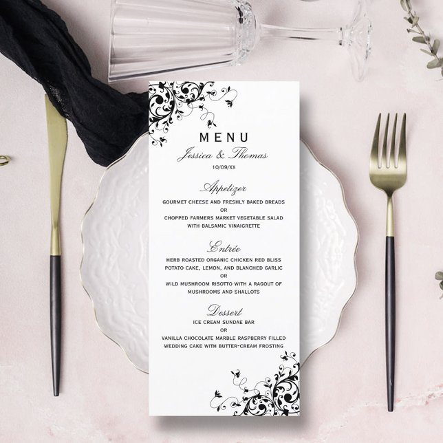 Elegante menú Swirls Boda Blanco y Negro (Subido por el creador)