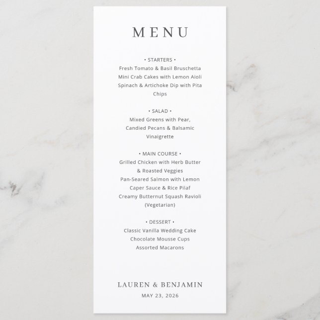 Elegante Menú Tipográfico Blanco (Anverso)