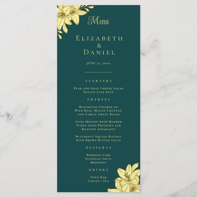 Elegante menú Verde azulado y dorado con menú Boda (Anverso)