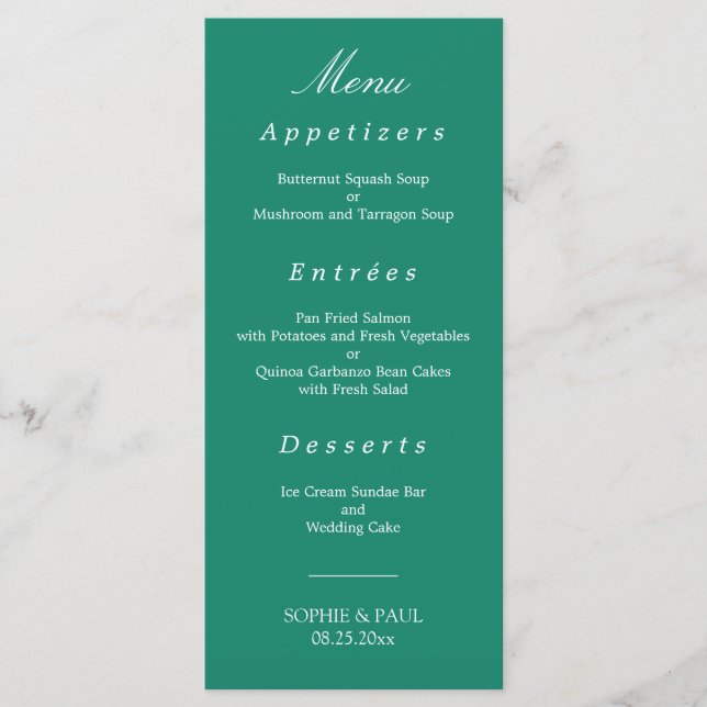 Elegante menú verde esmeralda Boda (Anverso)