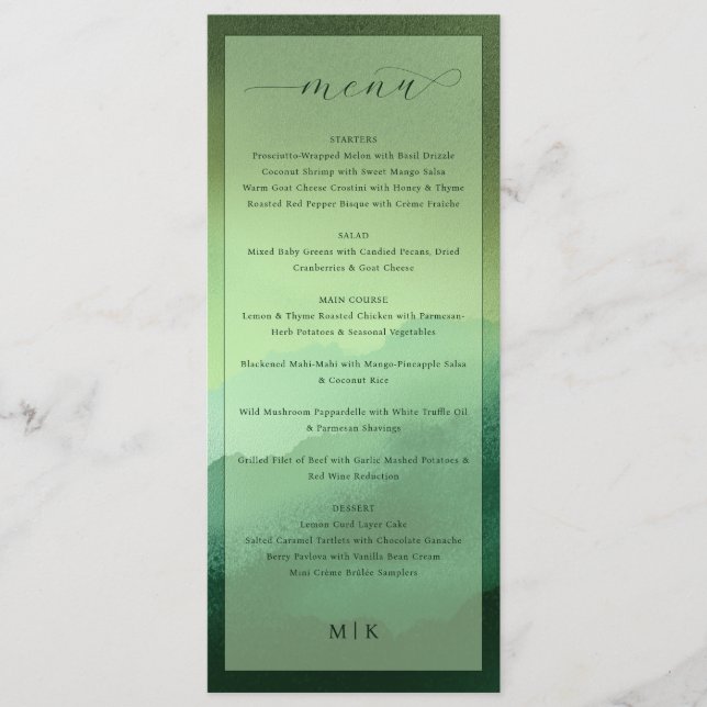 Elegante Menú Verde Oliva para Comida de Alta Gama (Anverso)