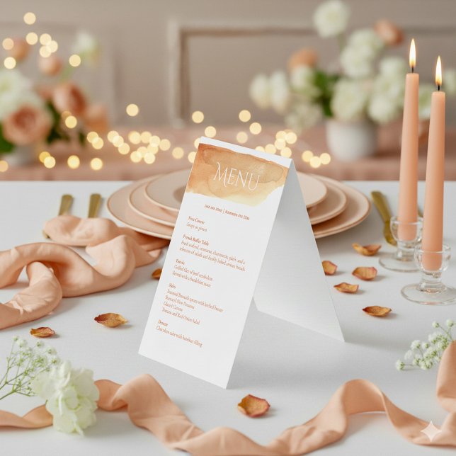 Elegante mesa del menú de la recepción de bodas (Peach watercolor paint wedding menu.)