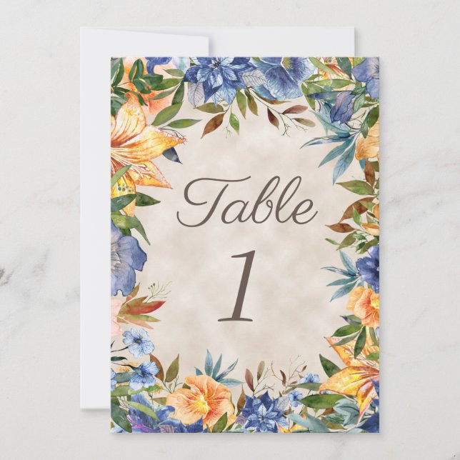 Elegante Mesa Floral Naranja Azul de Boda  (Anverso)