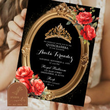 Elegante Mi Quince Invitación Negro y Rosa Rojo