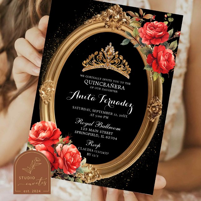 Elegante Mi Quince Invitación Negro y Rosa Rojo (Subido por el creador)