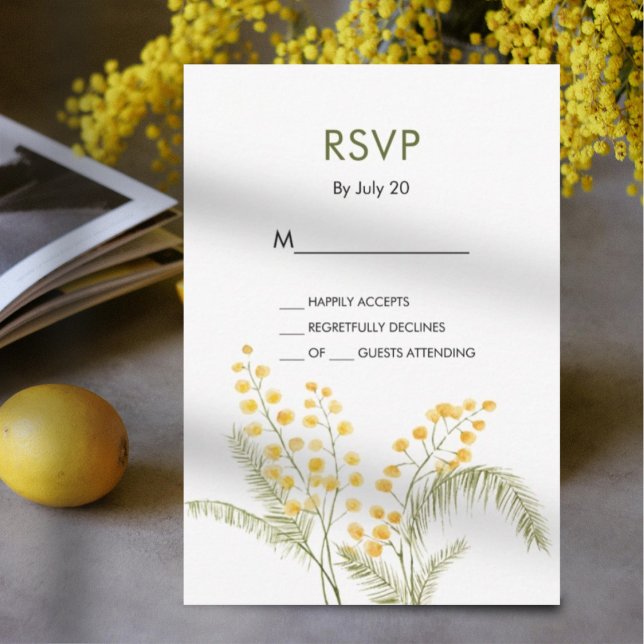 Elegante mimosa flores tarjeta rsvp de boda amaril (Subido por el creador)