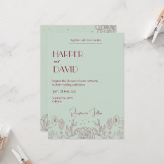Elegante Mint Green Floral Line Invitación a la bo