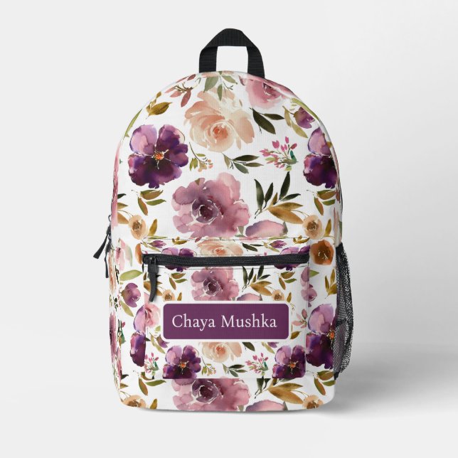 Elegante mochila con el nombre de una niña floral  (Anverso)