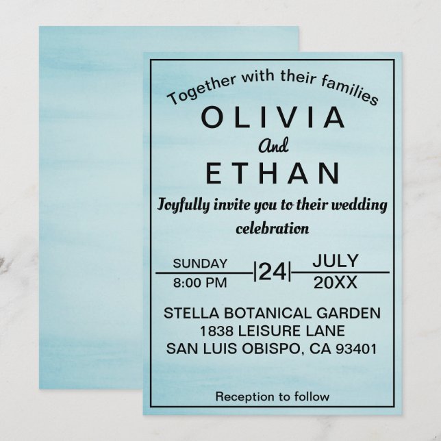 Elegante moda azul cielo Invitación a la boda (Anverso / Reverso)