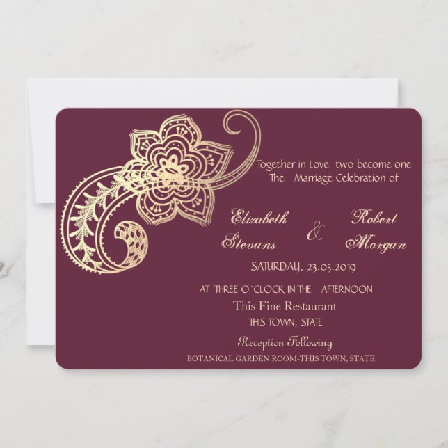 Elegante Moda Boda Paisley de Oro Invitación (Anverso)