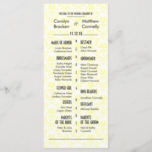 Elegante Moda Damask Wedding Program Tarjeta para  (Anverso)