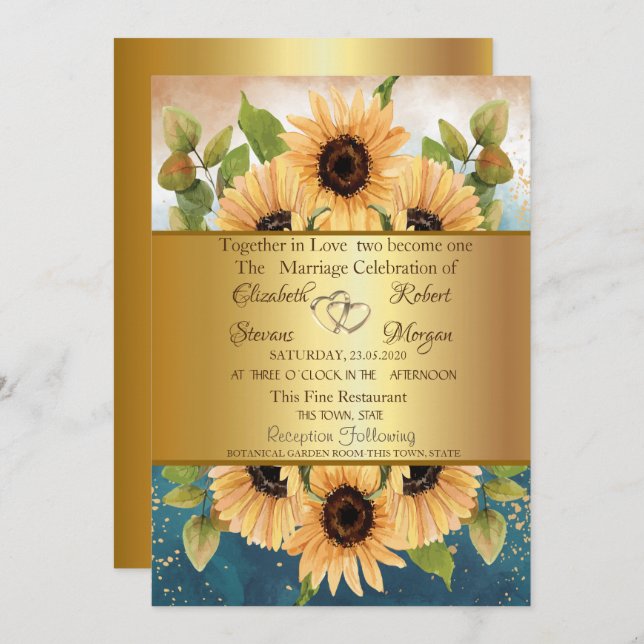 Elegante Moda Dorado Sunflowers Invitación a la bo (Anverso / Reverso)