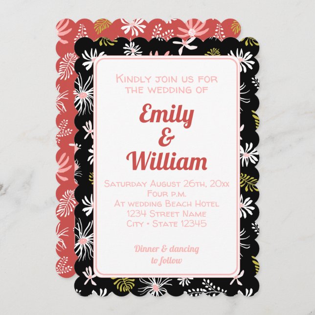 Elegante moda floral negro - Invitación a la boda (Anverso / Reverso)