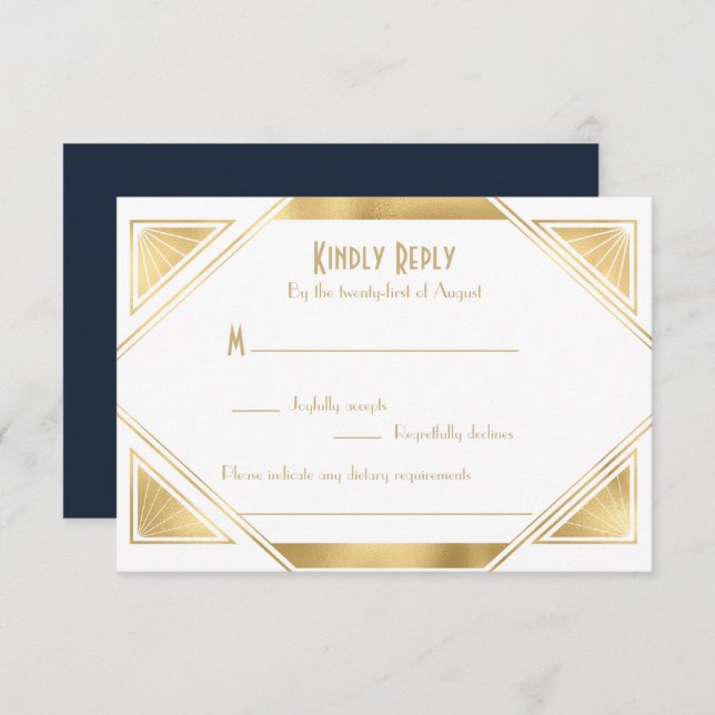 Elegante moda Gran Gatsby Art Deco Tarjeta RSVP (Anverso / Reverso)
