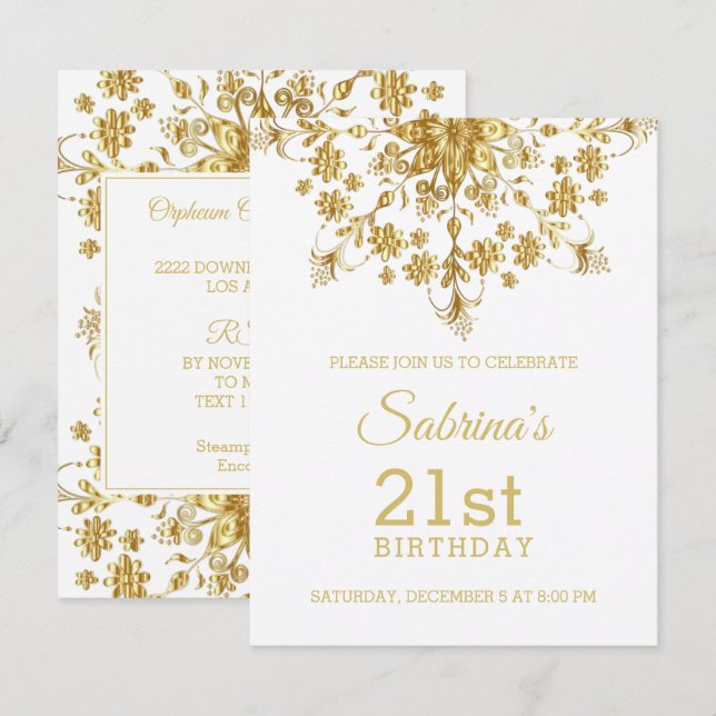 Elegante Moda Invitación de cumpleaños de oro (Anverso / Reverso)