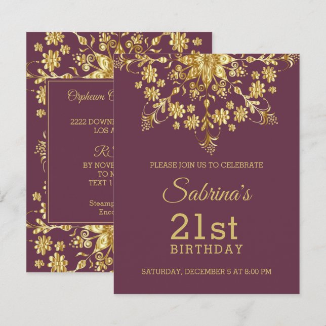 Elegante Moda Invitación de cumpleaños de oro (Anverso / Reverso)