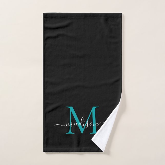 Elegante Moda Negro Verde azulado Monograma Verde  (Toalla de mano)