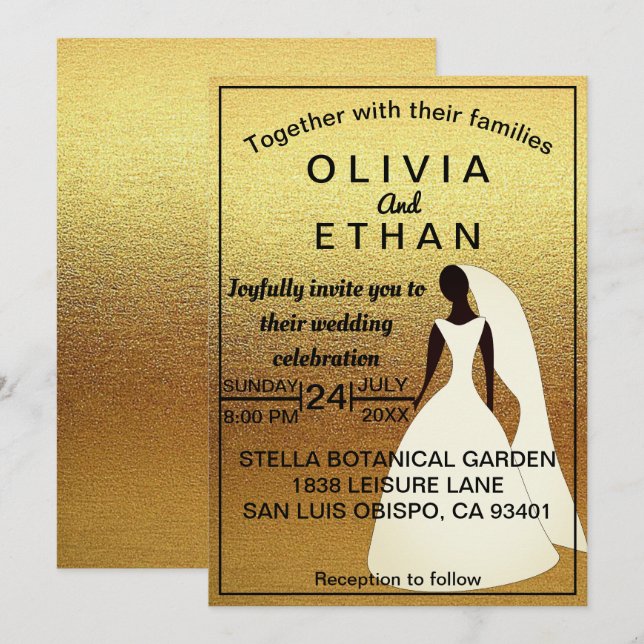 Elegante moda negro y oro Invitación a la boda (Anverso / Reverso)