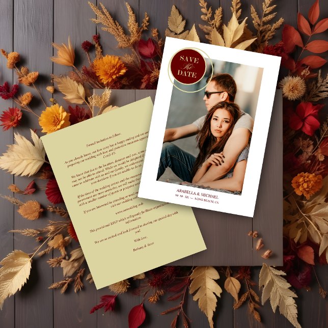 Elegante Moda Red Gold Photo Boda sofisticado (Elegant Chic Red Gold Photo Sophisticated Wedding Save the date.)
