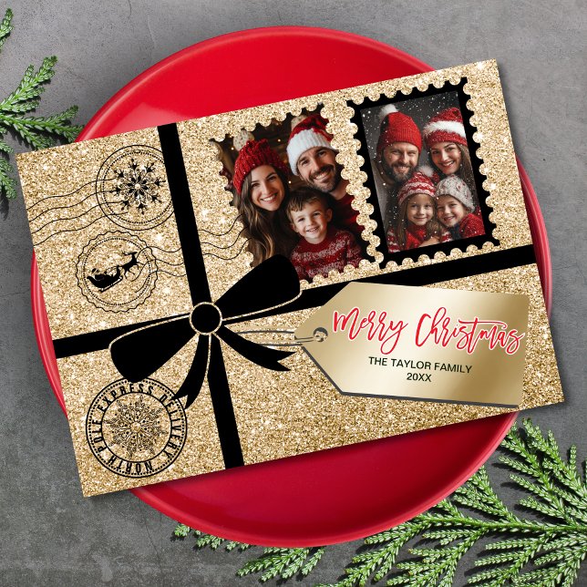 Elegante Moda Regalo de oro Foto Bow Feliz Navidad (christmas card designed like a gift box with gold glitter ribbon, bow and gift tag)