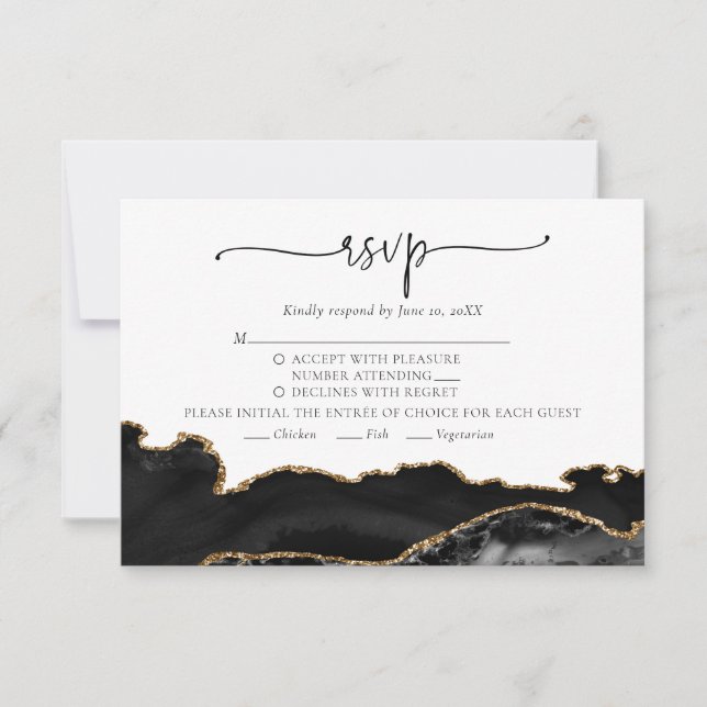 Elegante Moda Tarjeta RSVP de Boda de Oro Negro (Anverso)