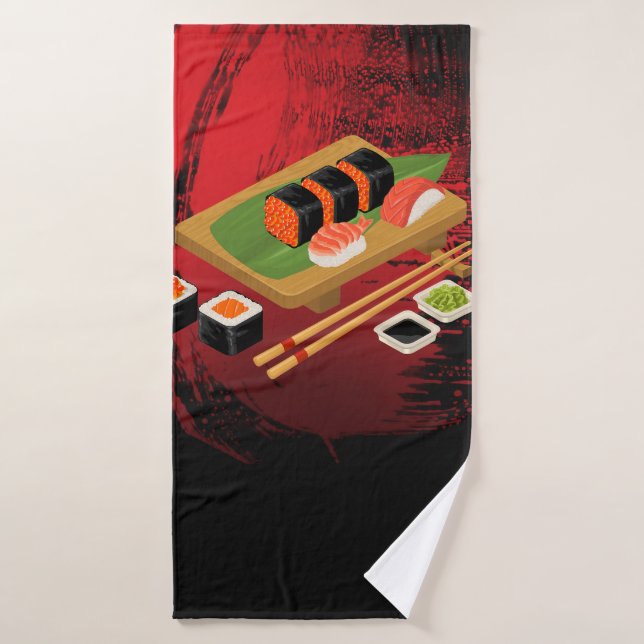 Elegante Moderno Chic Sushi Negro y Rojo (Toalla de baño)