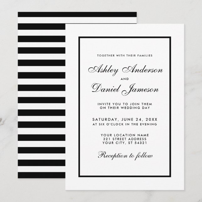 Elegante Moderno Invitación a la Boda Blanca Negra (Anverso / Reverso)