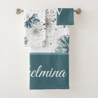 Elegante Monograma azul de acero grunge floral