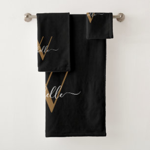 Elegante Monograma Black Gold Name Script