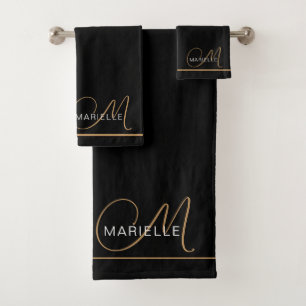 Elegante Monograma Black Gold Script Name
