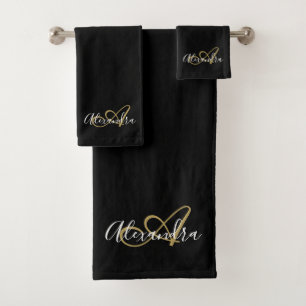Elegante Monograma Black Gold Script Name