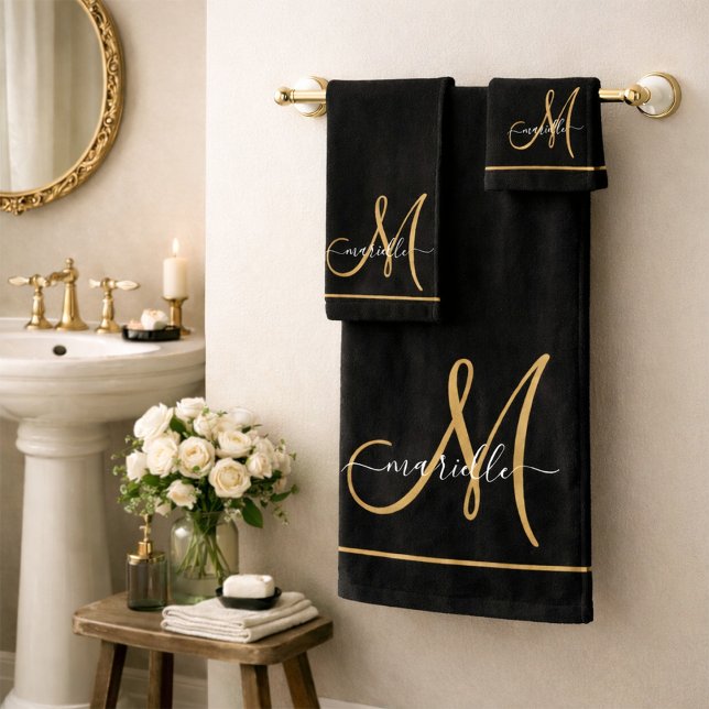 Elegante Monograma Black Gold Script Name (Subido por el creador)