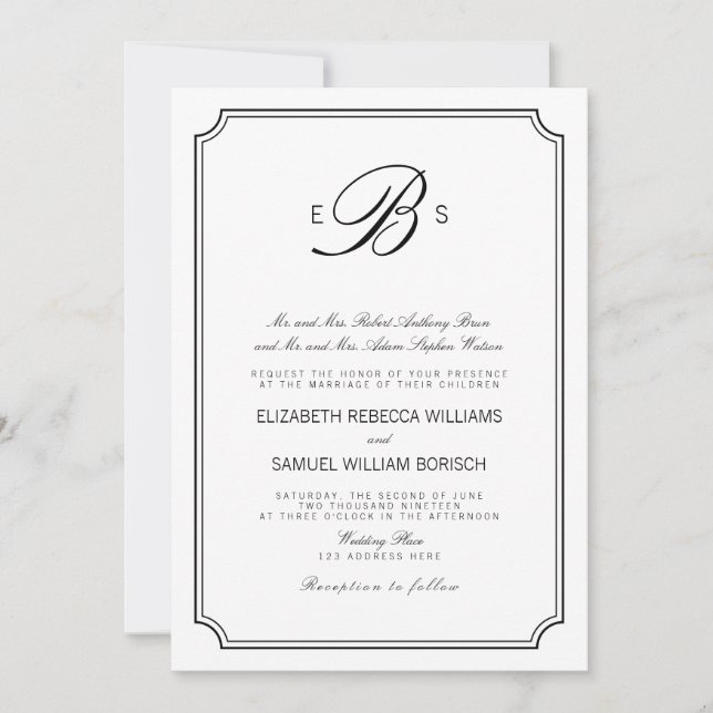Elegante Monograma Blanco Elegante Invitación a la (Anverso)