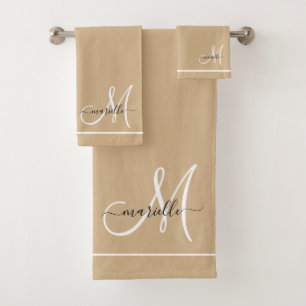 Elegante Monograma Blanco Script Nombre Tan