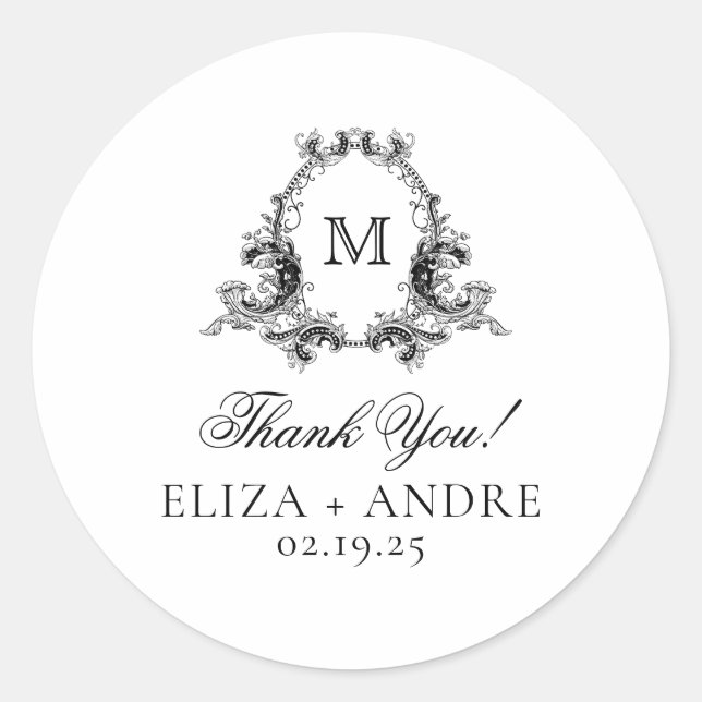 Elegante Monograma Boda Pegatina redondo clásico (Anverso)
