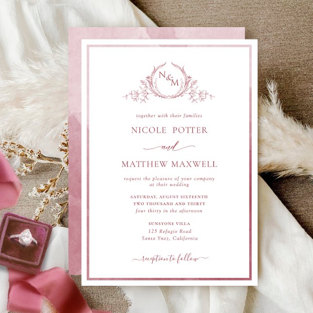 Elegante Monograma Borgoña Invitación Boda de colo (Subido por el creador)
