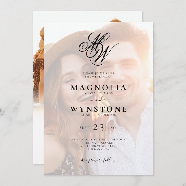 Elegante Monograma Código QR Invitación a matrimon (Anverso / Reverso)