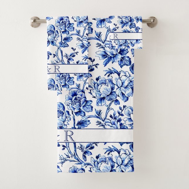 Elegante Monograma de tela floral azul y blanca (In situ)