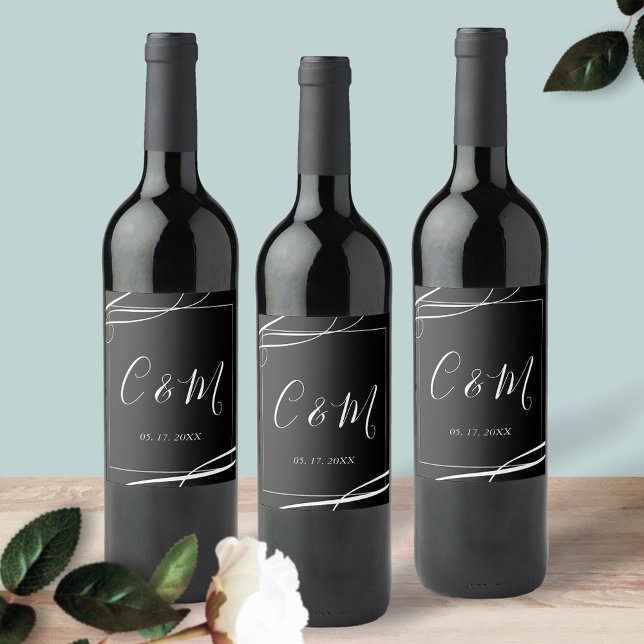 Elegante Monograma Etiqueta de vino blanco y negro (Subido por el creador)