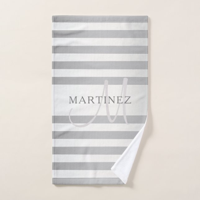 Elegante Monograma Faux Plata Gradiente Rayas Gris (Toalla de mano)
