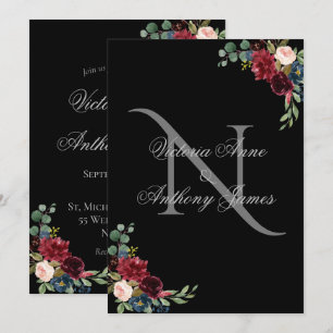 Elegante Monograma Floral Boda Negra Invitación