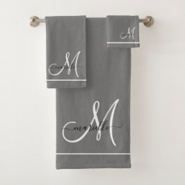 Elegante Monograma Gris Blanco Script Nombre