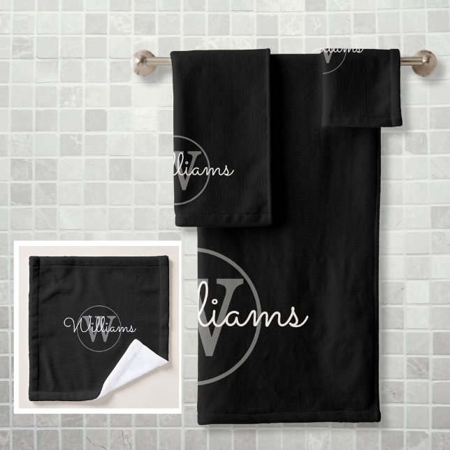 Elegante Monograma Gris Moderno Negro (Modern Gray Monogram Elegant Black Bath Towel Set)