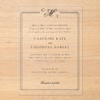 Elegante Monograma Invitación a la Boda Acrílica